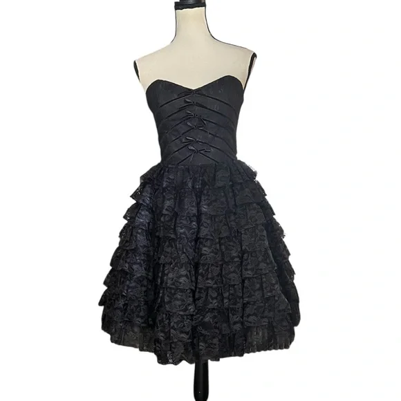 Vintage Betsey Johnson Evening Sheer Lace Velvet Ribbon Bows Goth Cupcake Dress - Picture 2 of 12